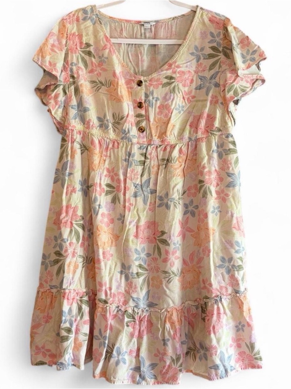 Sonoma Maternity Floral Ruffle Dress in Cream with Pink, Blue & Peach Flowers